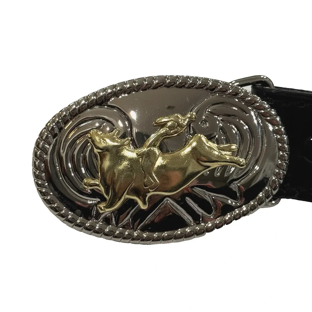 Nocona Leather Belt Boy Sz 28 Bull Rider Buckle Western Cowboy Black Tooled